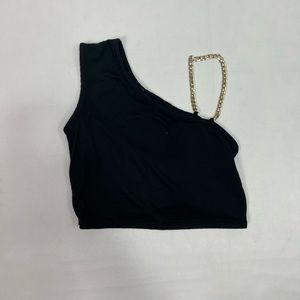 #1681 Omt Fashions Black Crop Top With Gold Chain Strap | Size: M